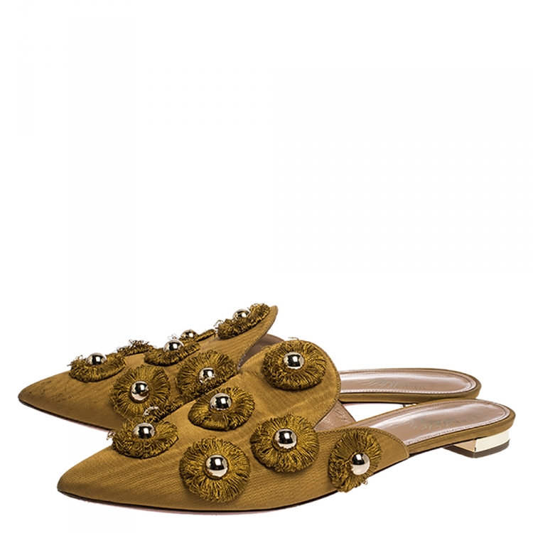 Pre Owned Aquazzura Mustard Yellow Fabric Sunflower Pointed Toe Flat Mules Size 39