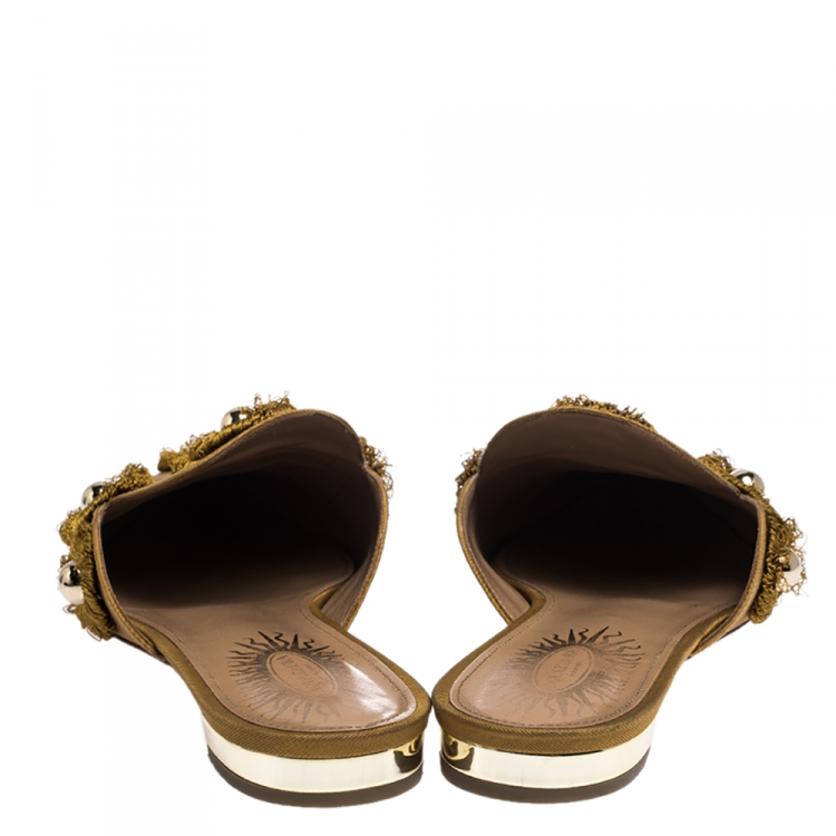 Pre Owned Aquazzura Mustard Yellow Fabric Sunflower Pointed Toe Flat Mules Size 39