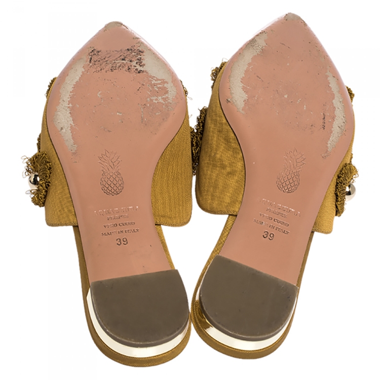 Pre Owned Aquazzura Mustard Yellow Fabric Sunflower Pointed Toe Flat Mules Size 39