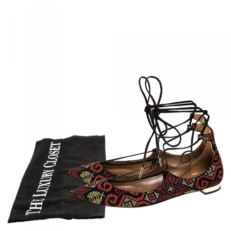 Pre Owned Aquazzura Black Embroidered Suede Christy Lace Up Pointed Toe Flats Size 41