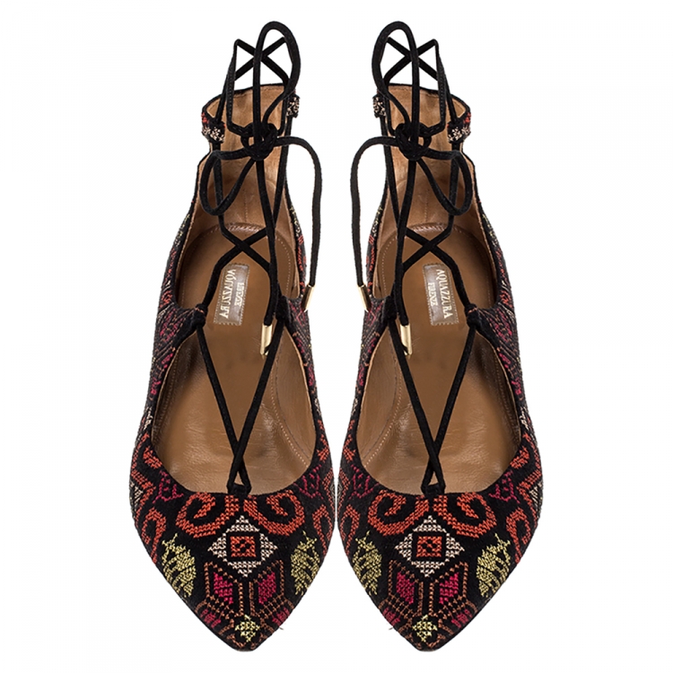 Pre Owned Aquazzura Black Embroidered Suede Christy Lace Up Pointed Toe Flats Size 41