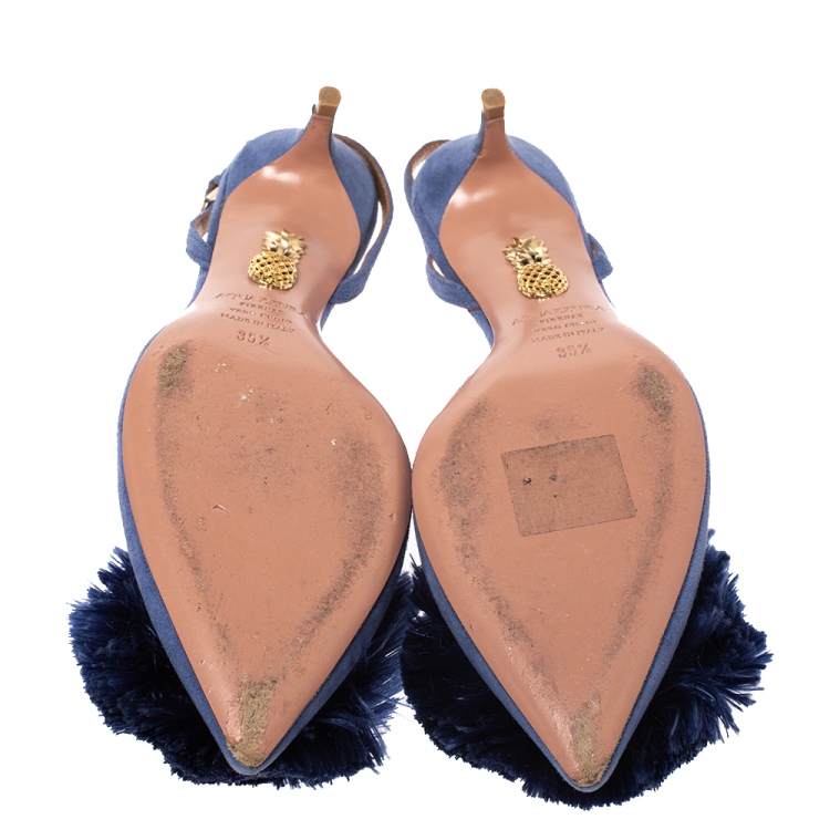 Pre Owned Aquazzura Blue Suede Powder Puff Pointed Toe Slingback Sandals Size 35.5