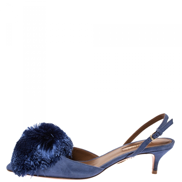 Pre Owned Aquazzura Blue Suede Powder Puff Pointed Toe Slingback Sandals Size 35.5