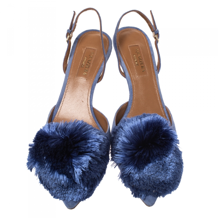 Pre Owned Aquazzura Blue Suede Powder Puff Pointed Toe Slingback Sandals Size 35.5
