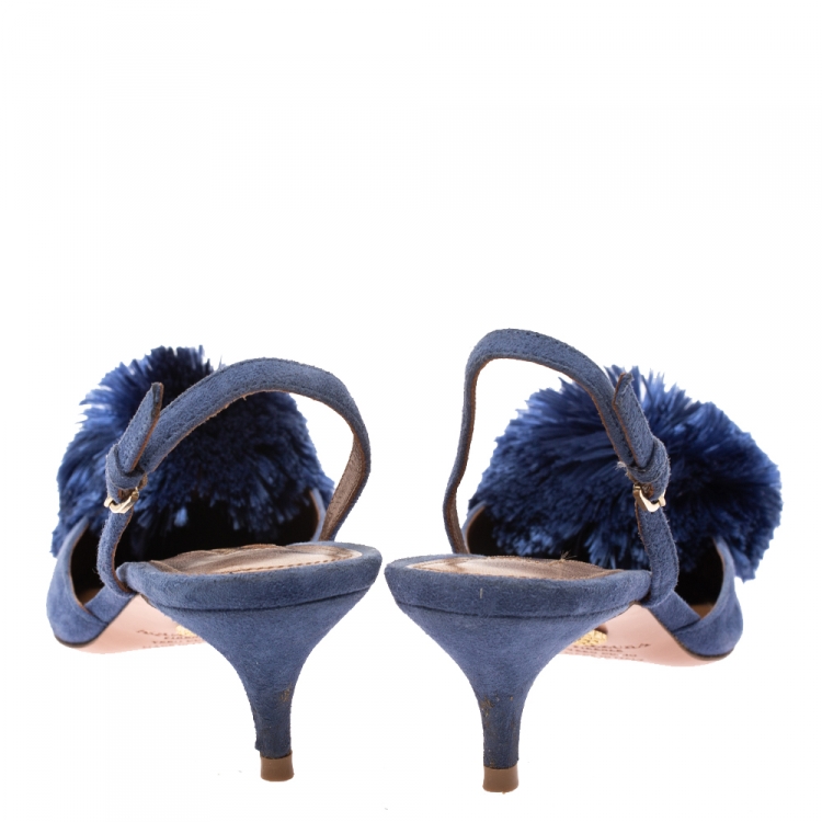 Pre Owned Aquazzura Blue Suede Powder Puff Pointed Toe Slingback Sandals Size 35.5