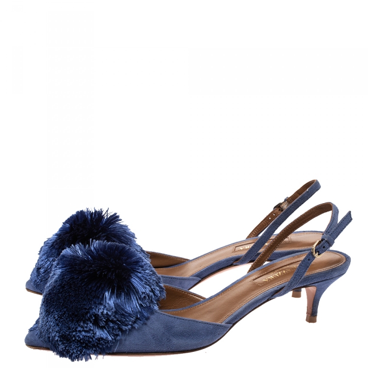 Pre Owned Aquazzura Blue Suede Powder Puff Pointed Toe Slingback Sandals Size 35.5