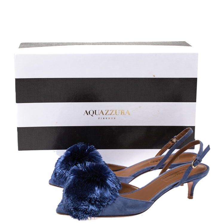 Pre Owned Aquazzura Blue Suede Powder Puff Pointed Toe Slingback Sandals Size 35.5