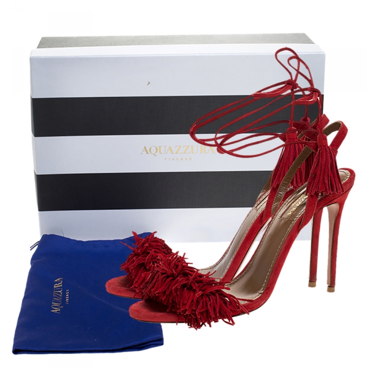 Pre Owned Aquazzura Red Suede Monaco Ankle Wrap Sandals Size 36