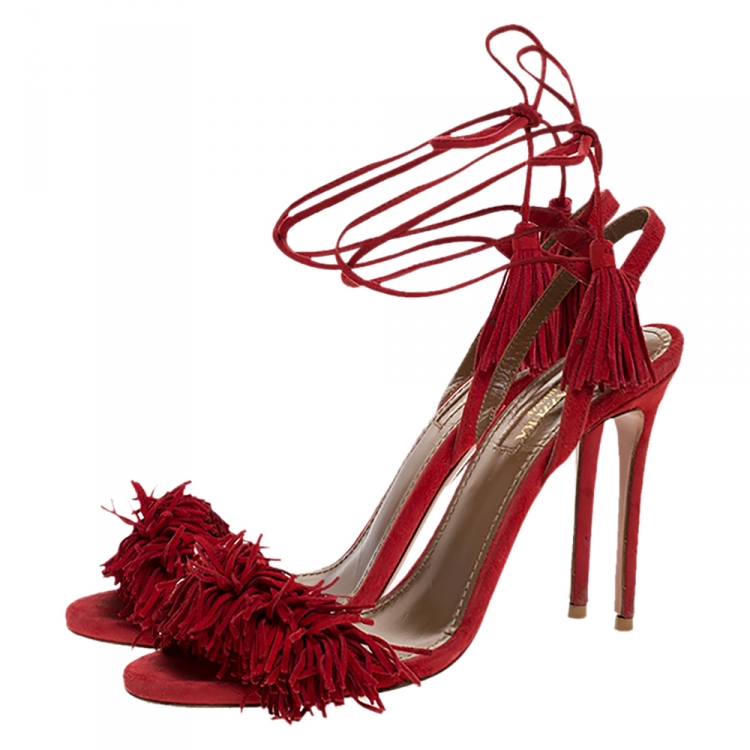 Pre Owned Aquazzura Red Suede Monaco Ankle Wrap Sandals Size 36