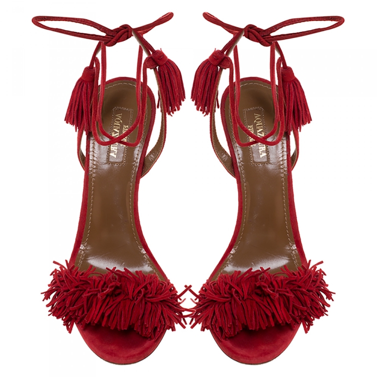 Pre Owned Aquazzura Red Suede Monaco Ankle Wrap Sandals Size 36