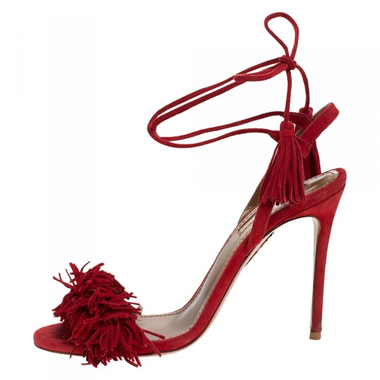 Pre Owned Aquazzura Red Suede Monaco Ankle Wrap Sandals Size 36