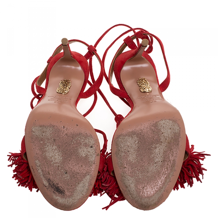 Pre Owned Aquazzura Red Suede Monaco Ankle Wrap Sandals Size 36