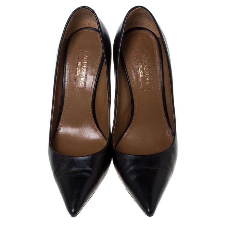 Pre Owned Aquazzura Black Leather Pointed Toe Pumps Size 35.5