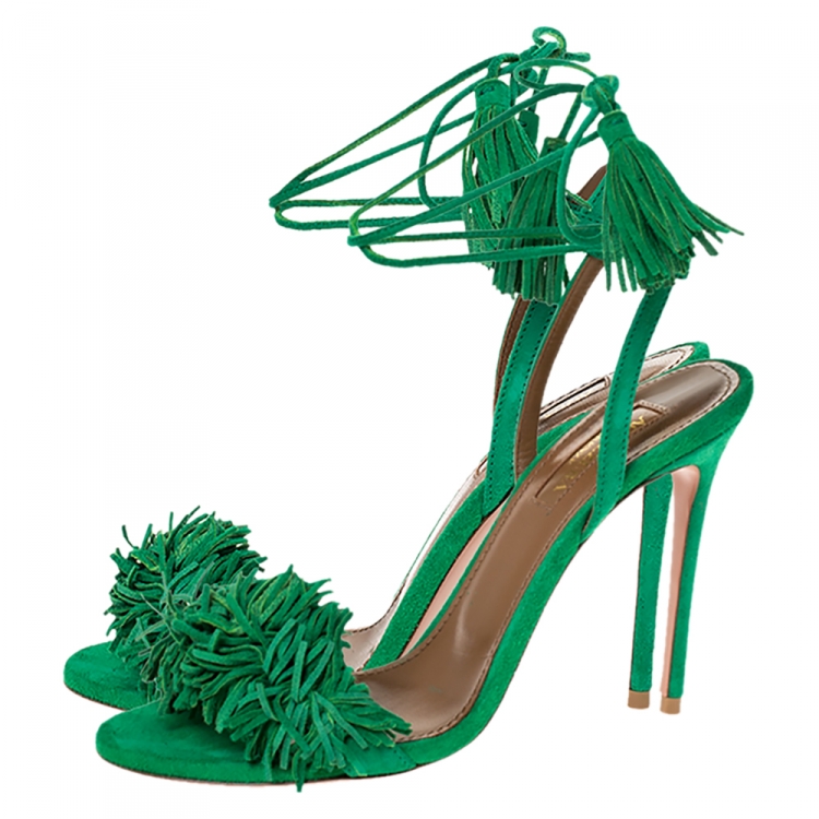 Pre Owned Aquazzura Green Suede Leather Wild Thing Fringe Ankle Wrap Sandals Size 36