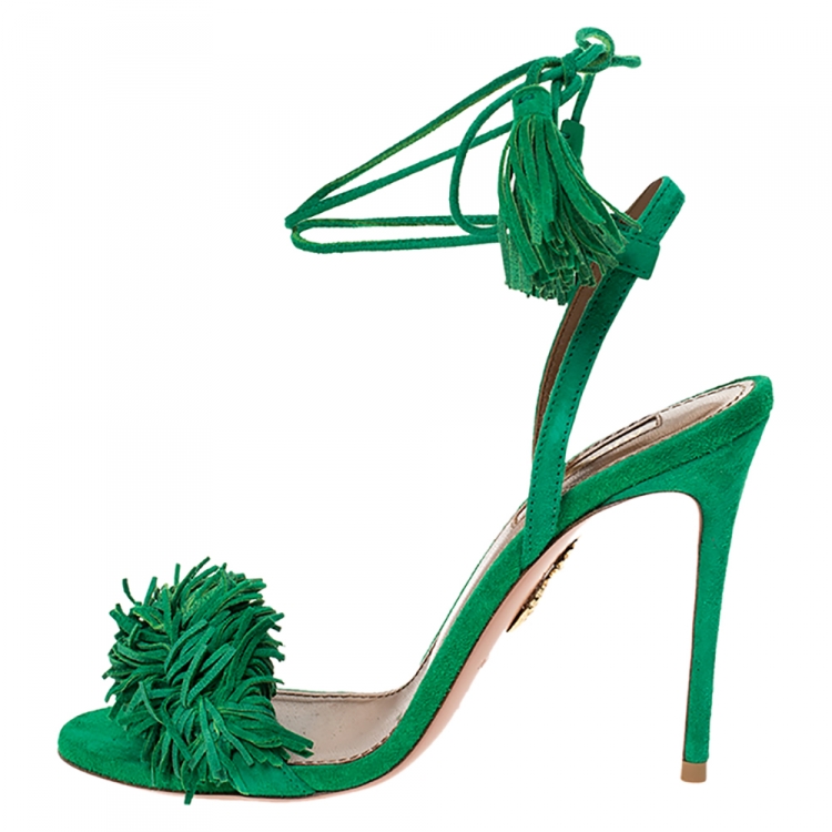 Pre Owned Aquazzura Green Suede Leather Wild Thing Fringe Ankle Wrap Sandals Size 36