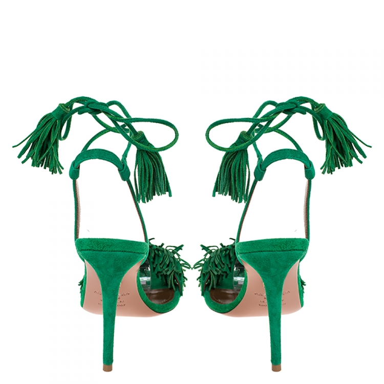 Pre Owned Aquazzura Green Suede Leather Wild Thing Fringe Ankle Wrap Sandals Size 36