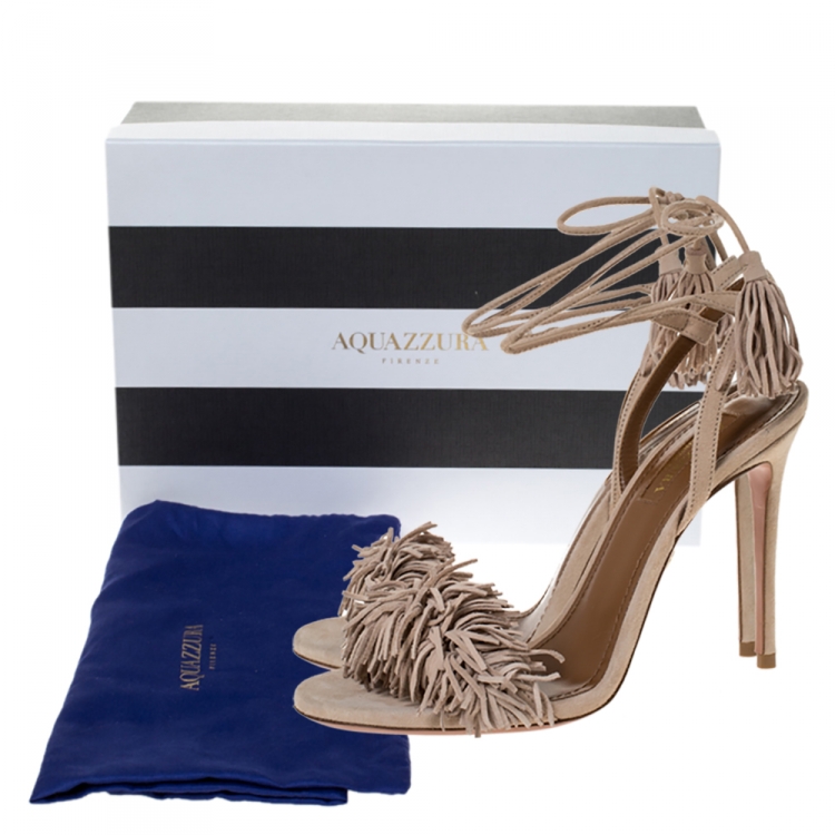 Pre Owned Aquazzura Beige Suede Leather Wild Thing Fringe Ankle wrap Sandals Size 36