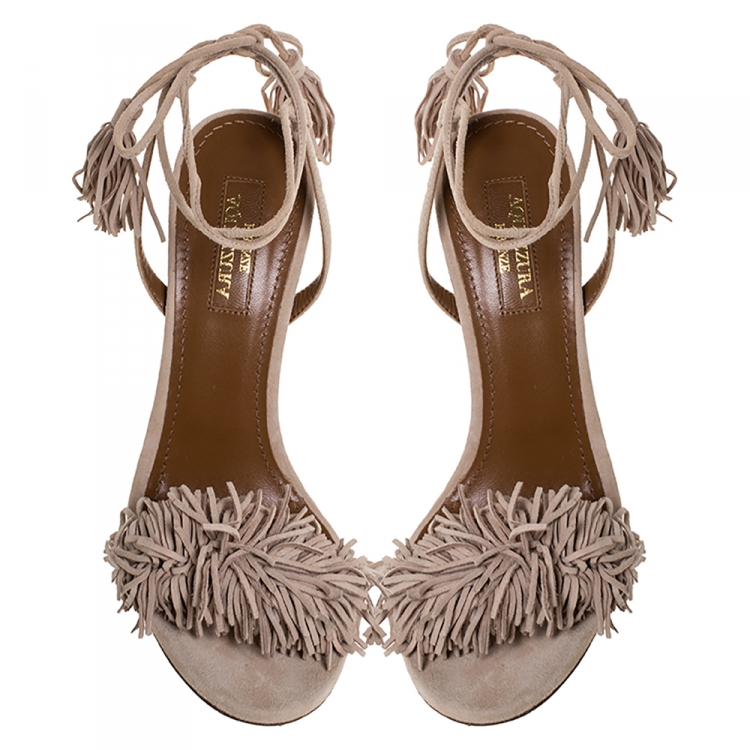 Pre Owned Aquazzura Beige Suede Leather Wild Thing Fringe Ankle wrap Sandals Size 36