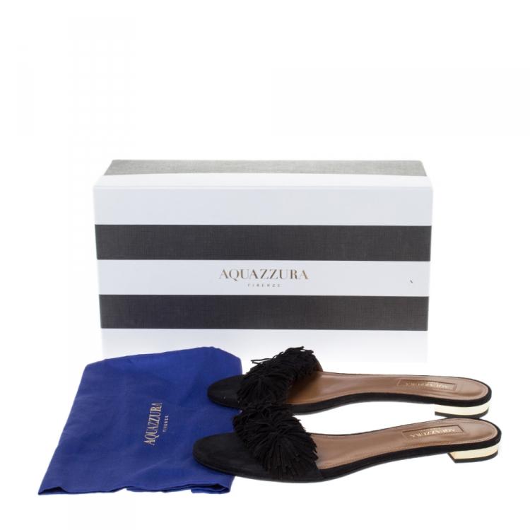 مملوكة مسبقًا Aquazzura Black Suede Leather Wild Thing Fringe Flat Slide Size 36.5