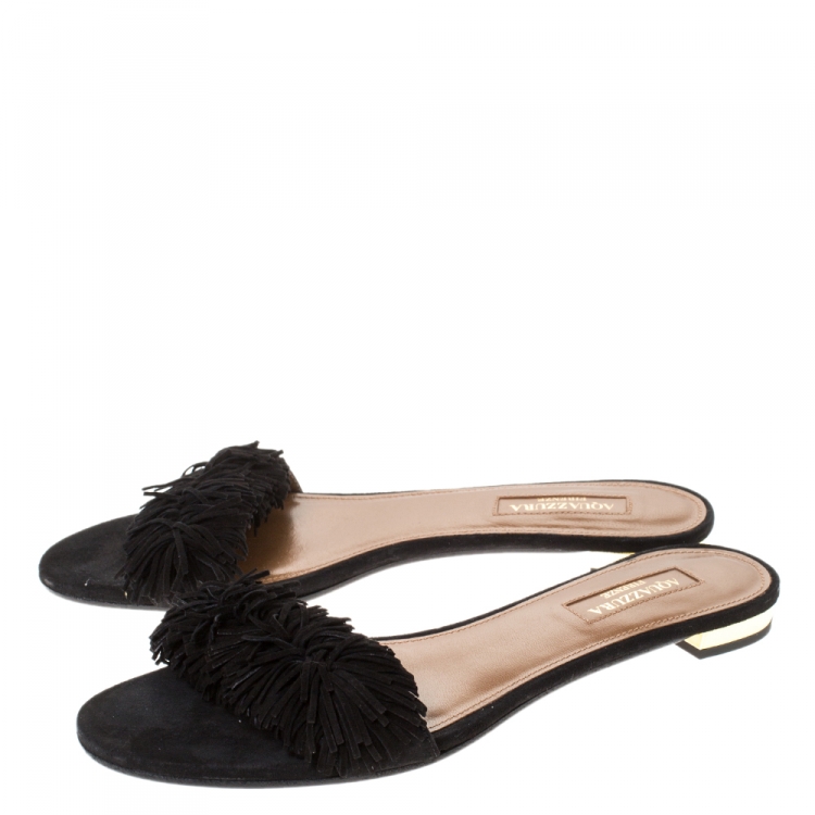 مملوكة مسبقًا Aquazzura Black Suede Leather Wild Thing Fringe Flat Slide Size 36.5