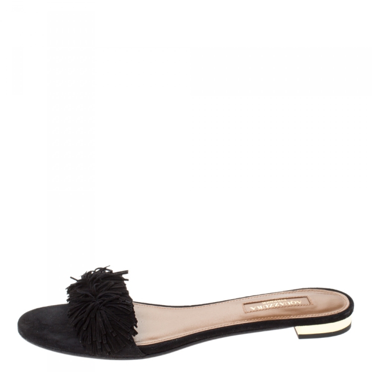 مملوكة مسبقًا Aquazzura Black Suede Leather Wild Thing Fringe Flat Slide Size 36.5