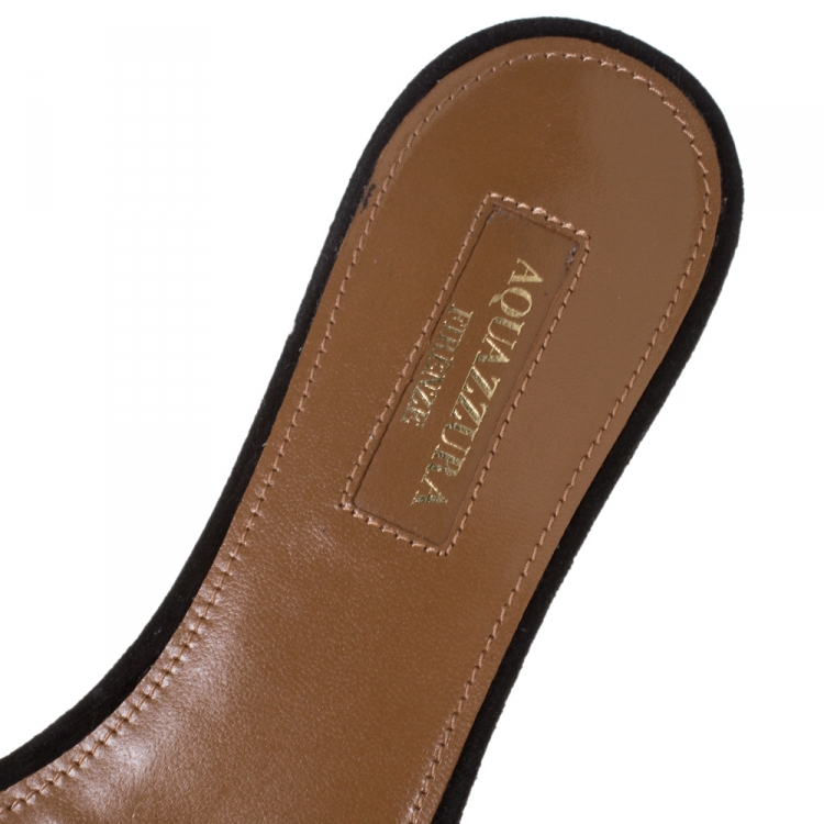 مملوكة مسبقًا Aquazzura Black Suede Leather Wild Thing Fringe Flat Slide Size 36.5