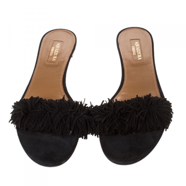 مملوكة مسبقًا Aquazzura Black Suede Leather Wild Thing Fringe Flat Slide Size 36.5