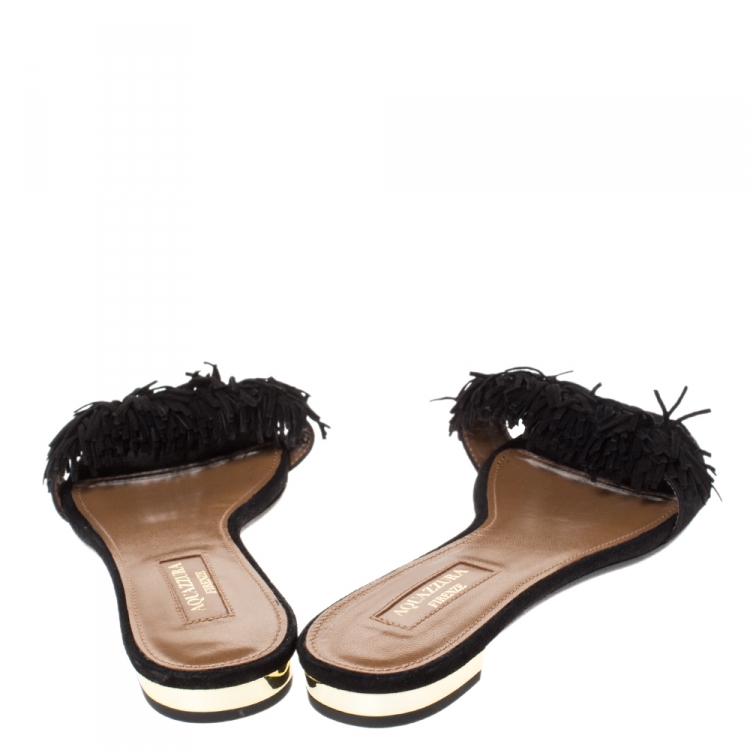 مملوكة مسبقًا Aquazzura Black Suede Leather Wild Thing Fringe Flat Slide Size 36.5