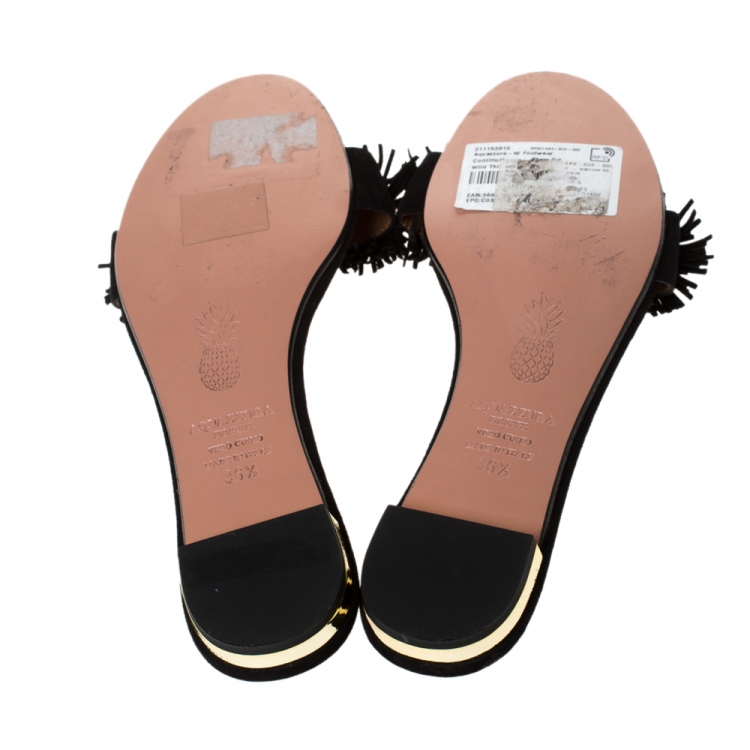 مملوكة مسبقًا Aquazzura Black Suede Leather Wild Thing Fringe Flat Slide Size 36.5