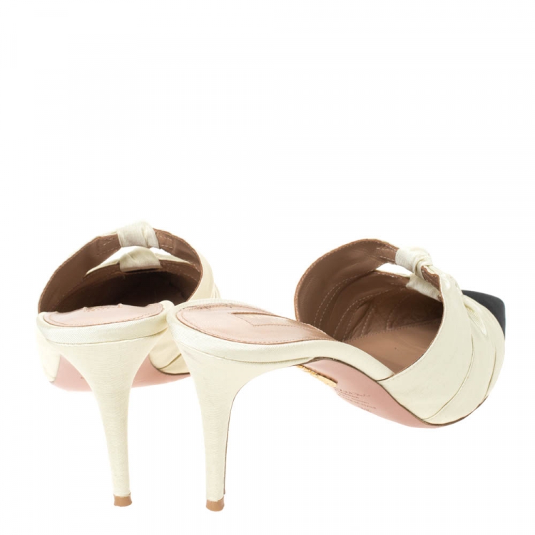 Pre Owned Aquazzura Cream and Black Canvas Mondaine Pointed Toe Sandals Size 38