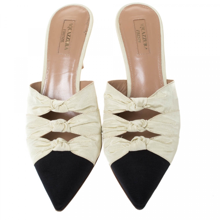 Pre Owned Aquazzura Cream and Black Canvas Mondaine Pointed Toe Sandals Size 38