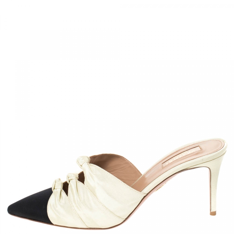 Pre Owned Aquazzura Cream and Black Canvas Mondaine Pointed Toe Sandals Size 38