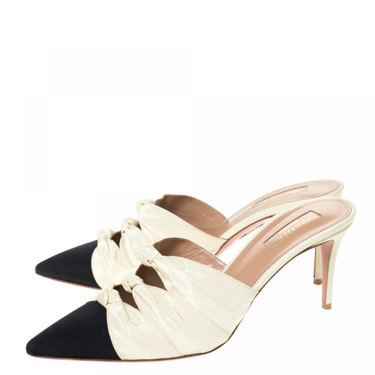 Pre Owned Aquazzura Cream and Black Canvas Mondaine Pointed Toe Sandals Size 38