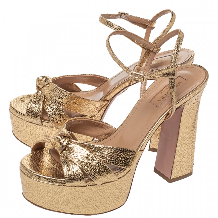 Pre Owned Aquazzura Metallic Gold Leather Baba Plateau Platform Ankle Strap Sandals Size 37