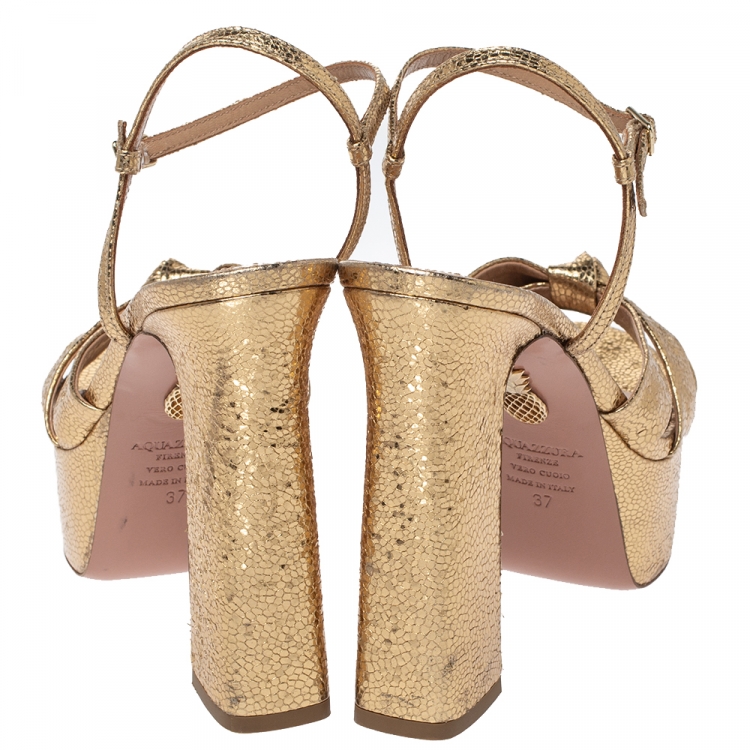 Pre Owned Aquazzura Metallic Gold Leather Baba Plateau Platform Ankle Strap Sandals Size 37