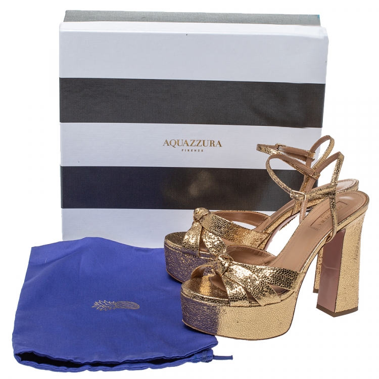Pre Owned Aquazzura Metallic Gold Leather Baba Plateau Platform Ankle Strap Sandals Size 37
