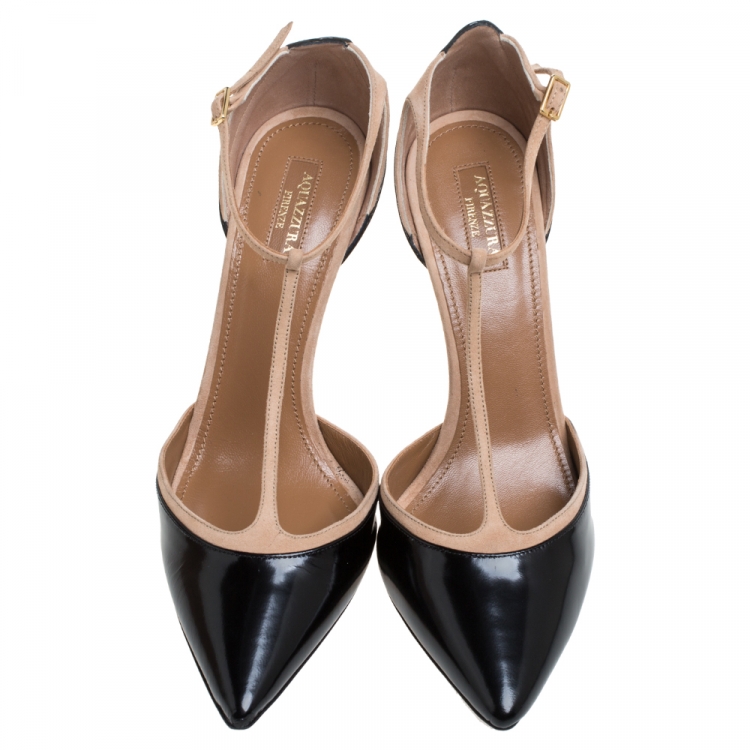 Pre Owned Aquazzura Black Leather T-Strap Pointed Toe Pumps Size 40.5