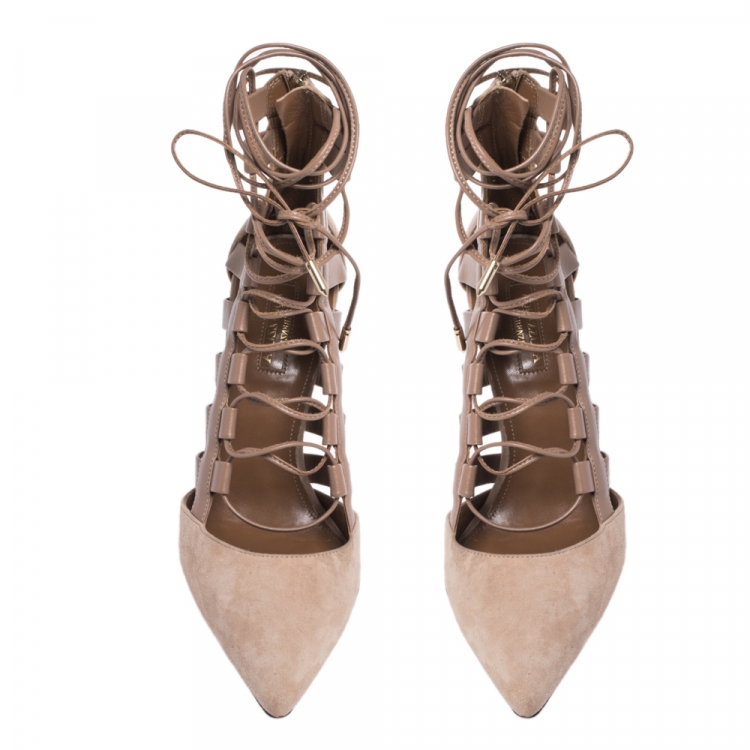 Pre Owned Aquazzura Brown Suede and Leather Amazon Cut Out Strappy Pointed Toe Pumps Size 38