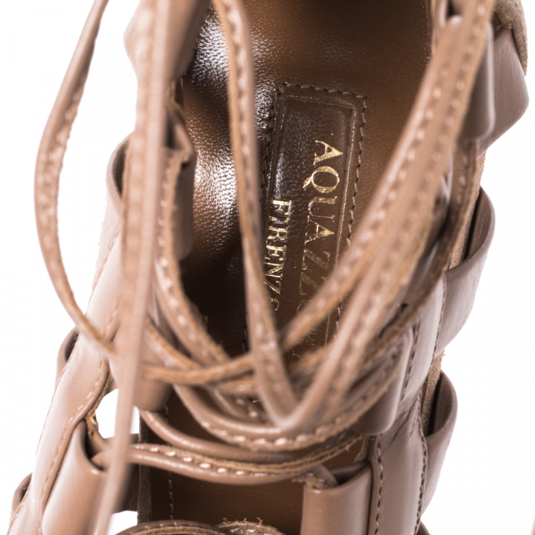 Pre Owned Aquazzura Brown Suede and Leather Amazon Cut Out Strappy Pointed Toe Pumps Size 38
