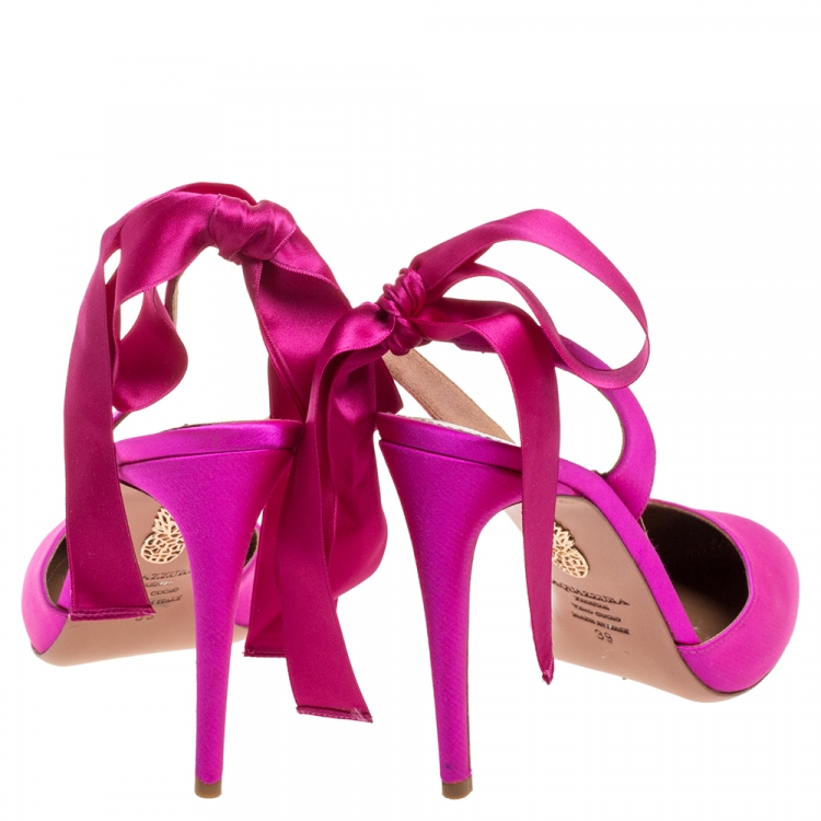 Pre Owned Aquazzura Pink Satin Tie Up Slingback Sandals Size 39