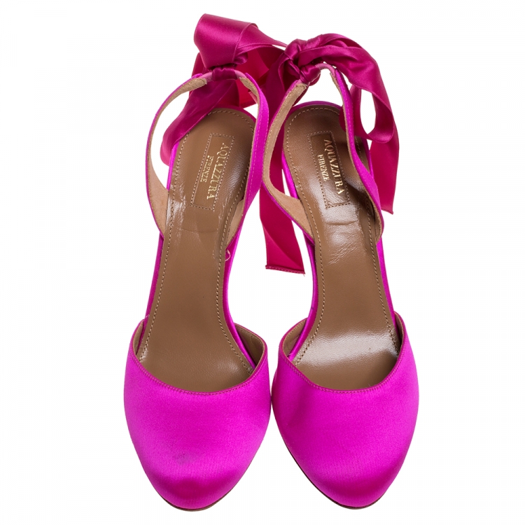 Pre Owned Aquazzura Pink Satin Tie Up Slingback Sandals Size 39