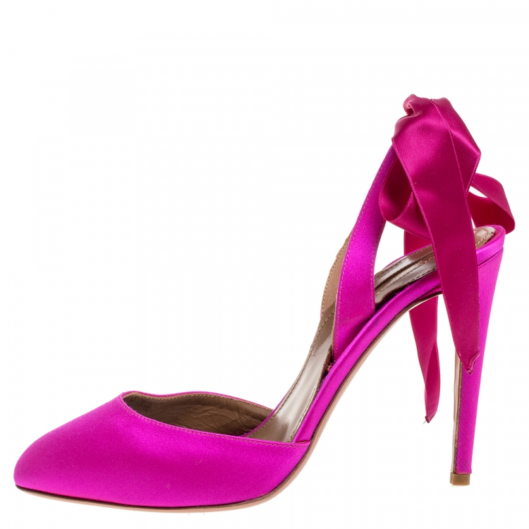 Pre Owned Aquazzura Pink Satin Tie Up Slingback Sandals Size 39
