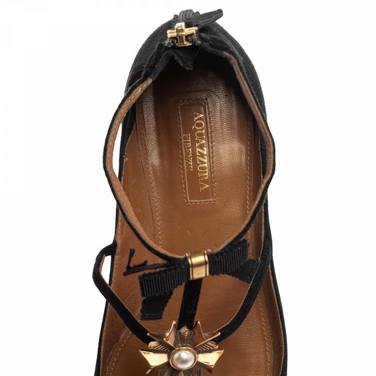 Pre Owned Aquazzura Black Suede Pandora Embellished Flat Sandals Size 36.5