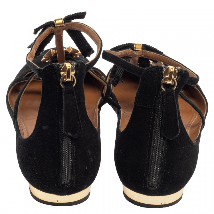 Pre Owned Aquazzura Black Suede Pandora Embellished Flat Sandals Size 36.5