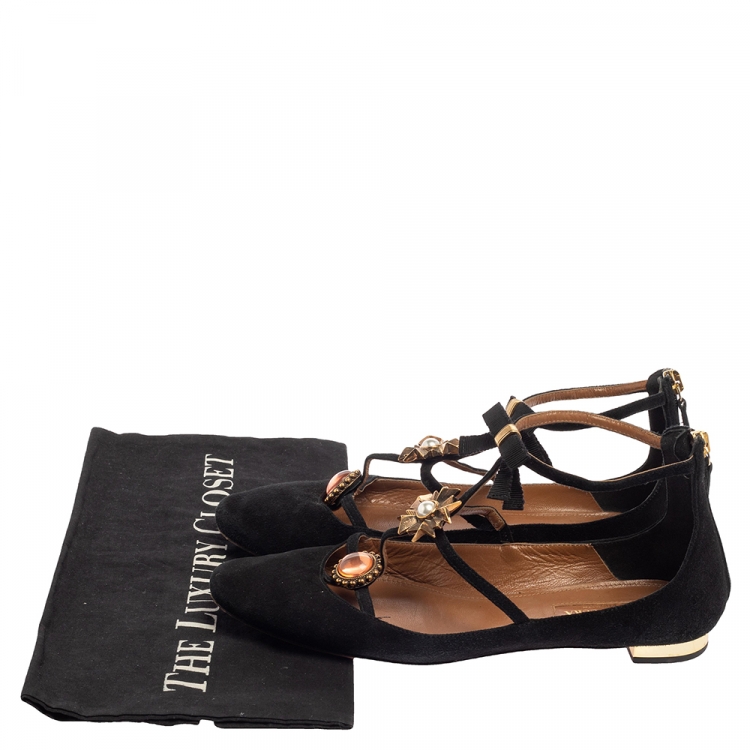 Pre Owned Aquazzura Black Suede Pandora Embellished Flat Sandals Size 36.5