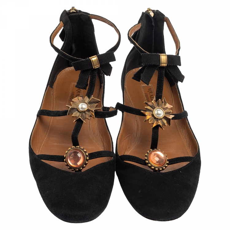 Pre Owned Aquazzura Black Suede Pandora Embellished Flat Sandals Size 36.5
