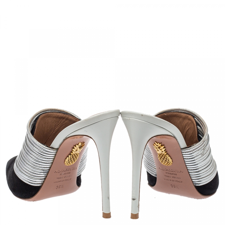 Pre Owned Aquazzura Black/Silver Suede and Leather Mules Sandals Size 36.5 
