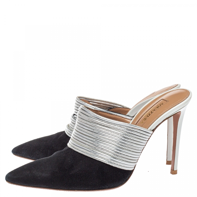 Pre Owned Aquazzura Black/Silver Suede and Leather Mules Sandals Size 36.5 