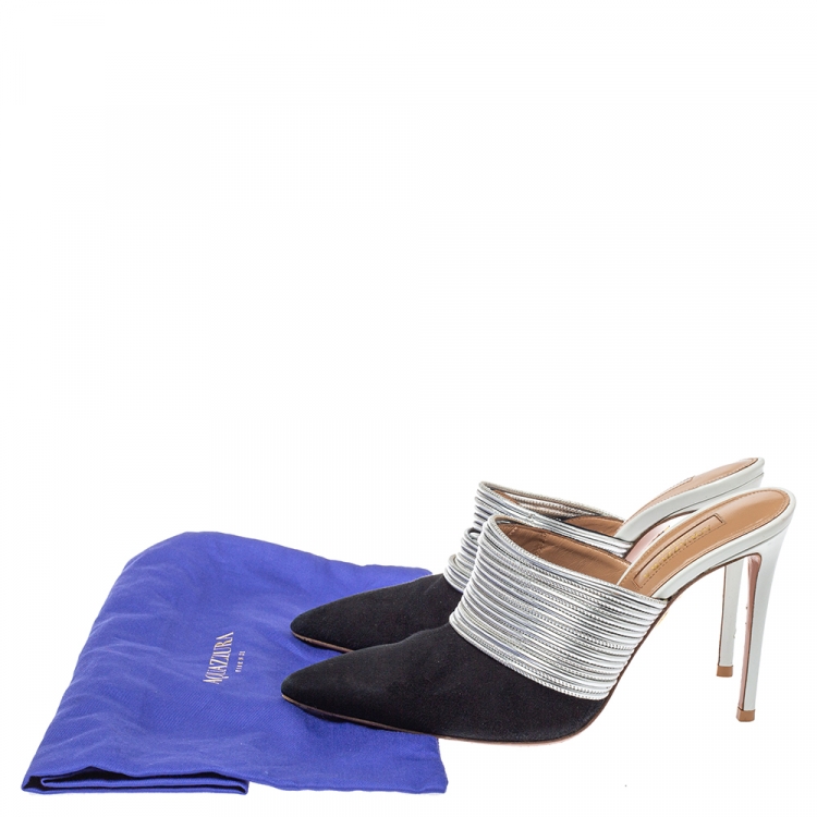 Pre Owned Aquazzura Black/Silver Suede and Leather Mules Sandals Size 36.5 