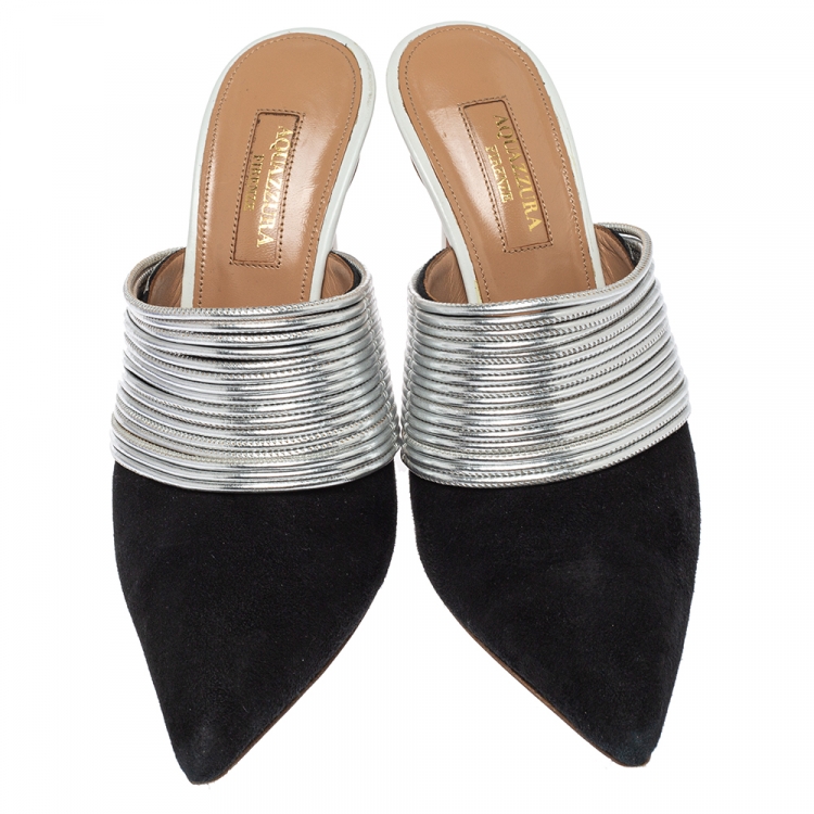 Pre Owned Aquazzura Black/Silver Suede and Leather Mules Sandals Size 36.5 